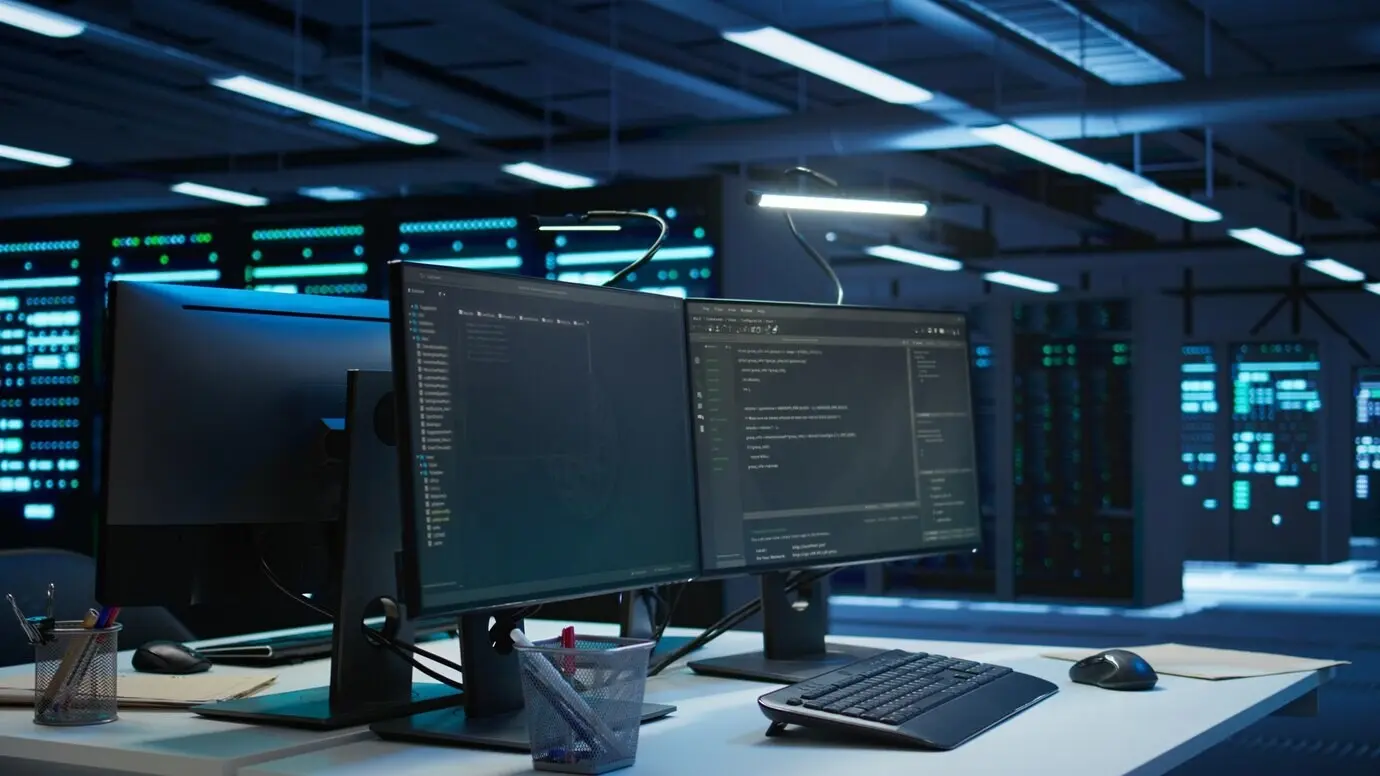 Компьютерная система с несколькими мониторами в дата-центре, используемая для мониторинга угроз безопасности.